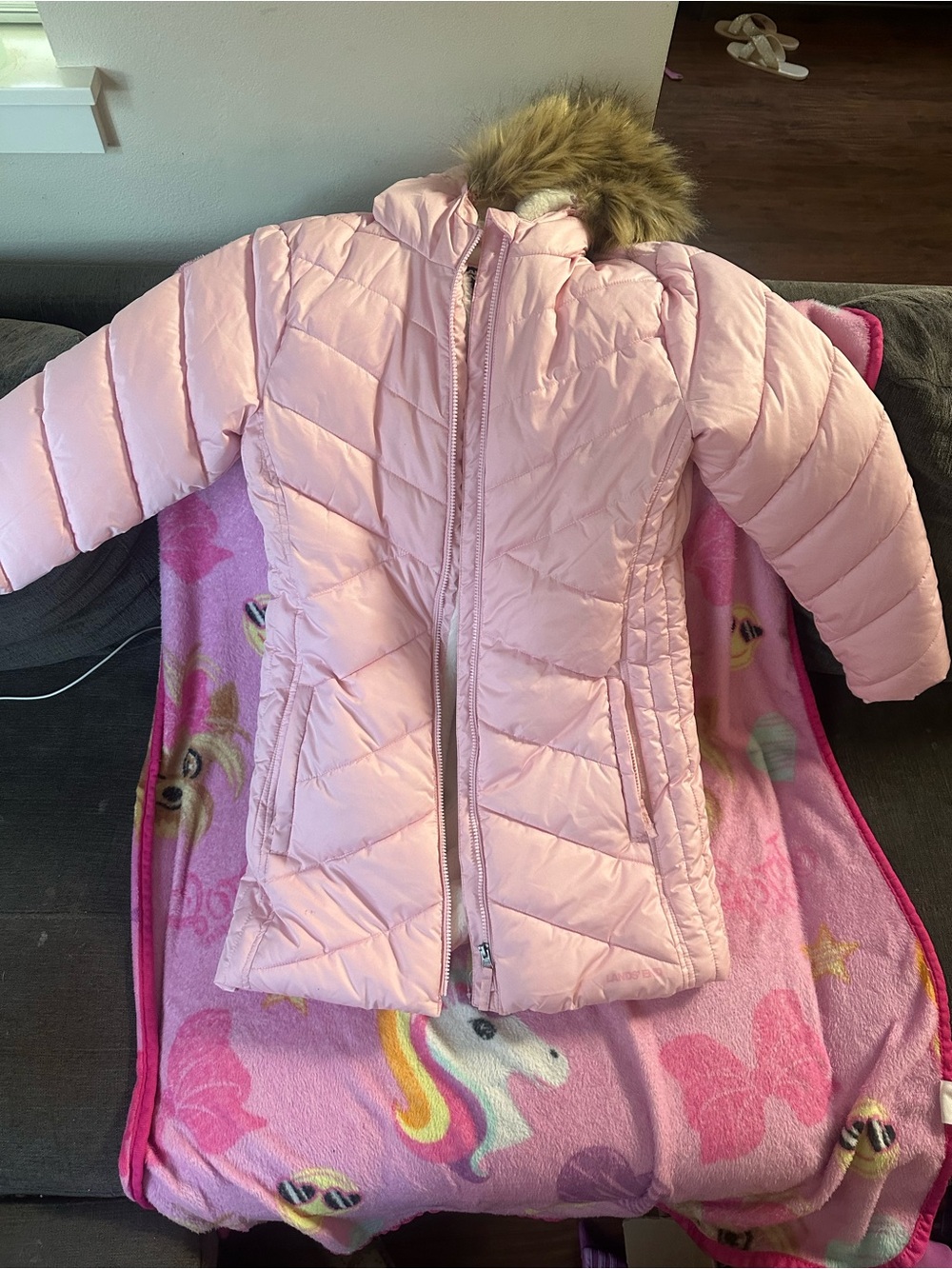 Lands' End Pink Girls' Quilted Puffer Coat with Faux Fur Hood
